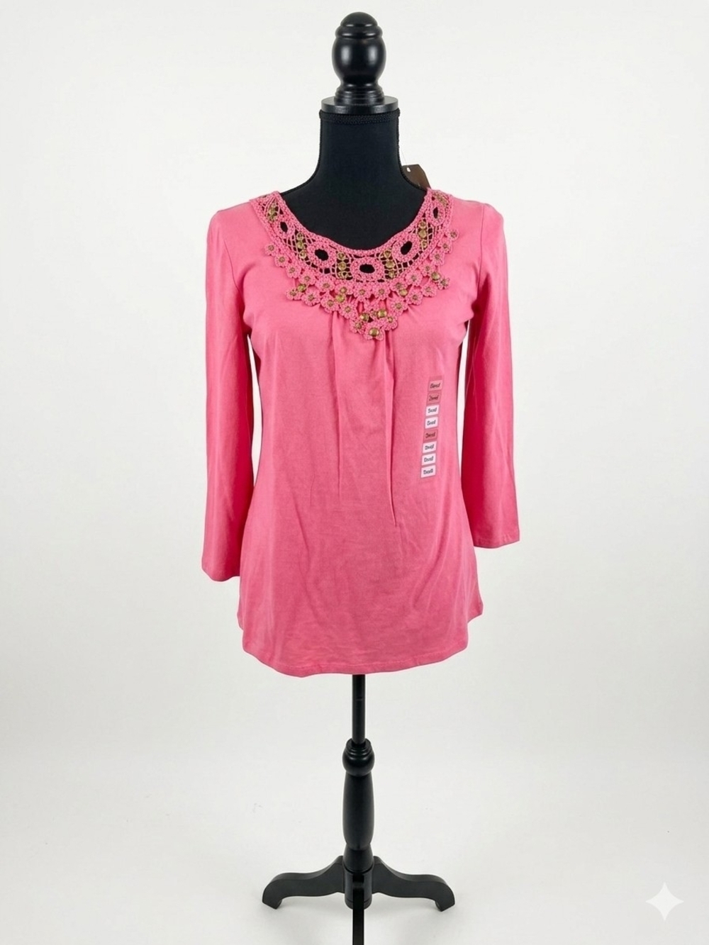 Charter Club Pink Crochet Yoke Long Sleeve Top